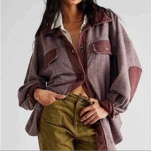 Free People Shacket Oversized Button Down Utility Jacket Textured Cotton Blend